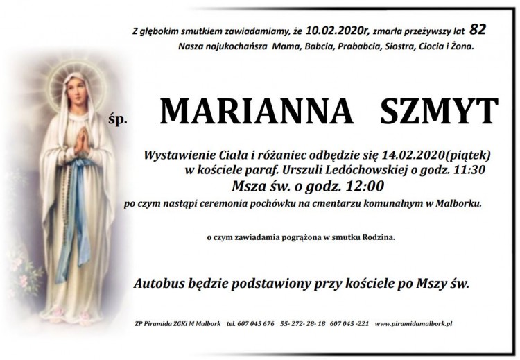 Zmarła Marianna Szmyt. Żyła 82 lata.