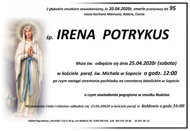 Zmarła Irena Potrykus. Żyła 95 lat.
