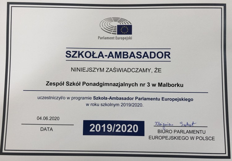 ZSP nr 3 z certyfikatem Szkoły – Ambasadora Parlamentu Europejskiego.