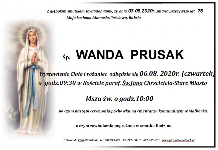 Zmarła Wanda Prusak. Żyła 76 lat.