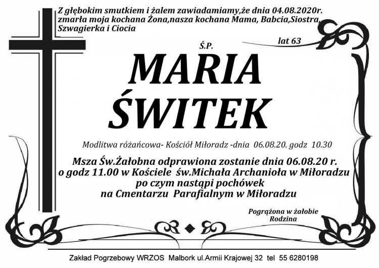Zmarła Maria Świtek. Żyła 63 lata.