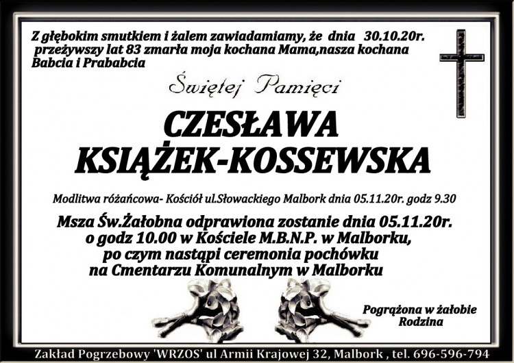 Zmarła Czesława Książek - Kossewska. Żyła 83 lata.