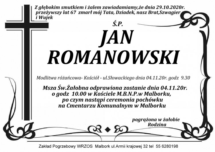 Zmarł Jan Romanowski. Żył 67 lat.