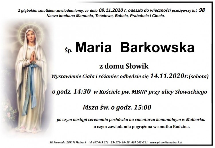 Zmarła Maria Barkowska. Żyła 98 lat.