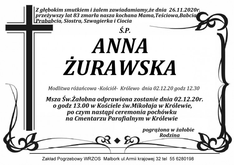 Zmarła Anna Żurawska. Żyła 83 lata.