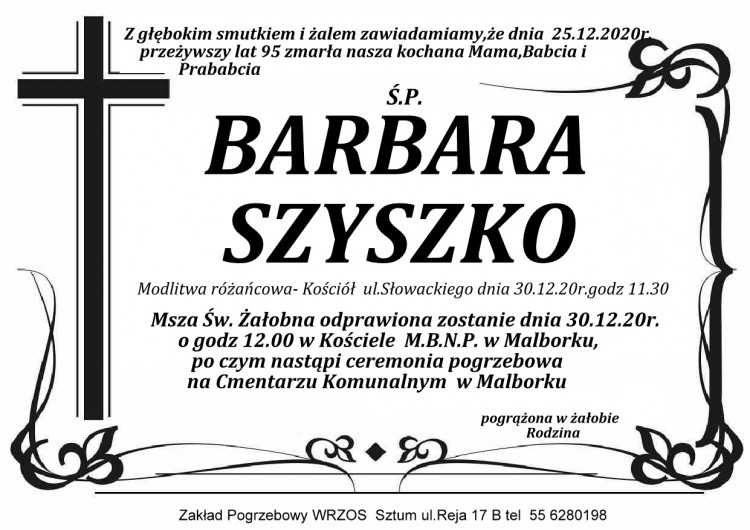 Zmarła Barbara Szyszko. Żyła 95 lat.