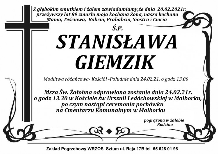 Zmarła Stanisława Giemzik. Żyła 89 lat.