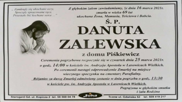Zmarła Danuta Zalewska. Żyła 69 lat.